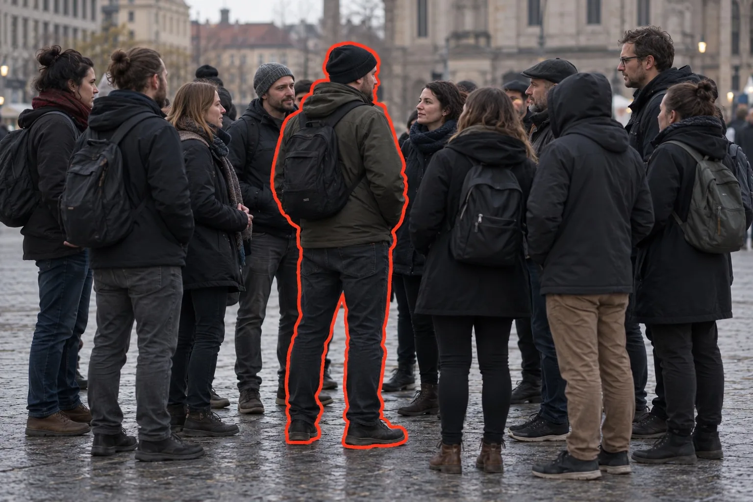 Bildmotiv einer Gruppe auf einem Platz; eine Person in ihrer Mitte ist rot umrandet